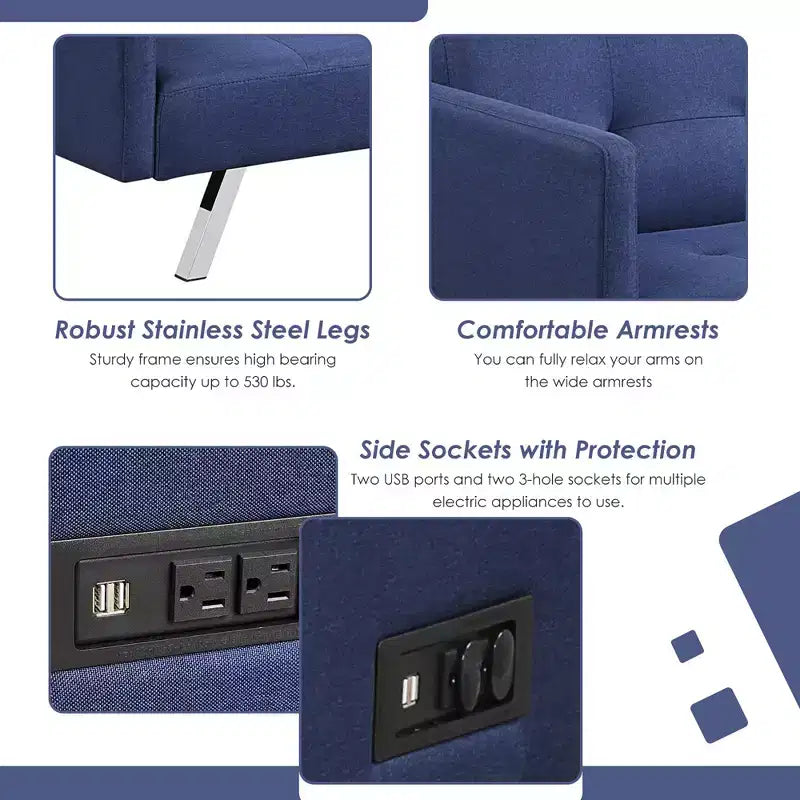 Canapé-lit futon convertible avec ports USB et multiprise